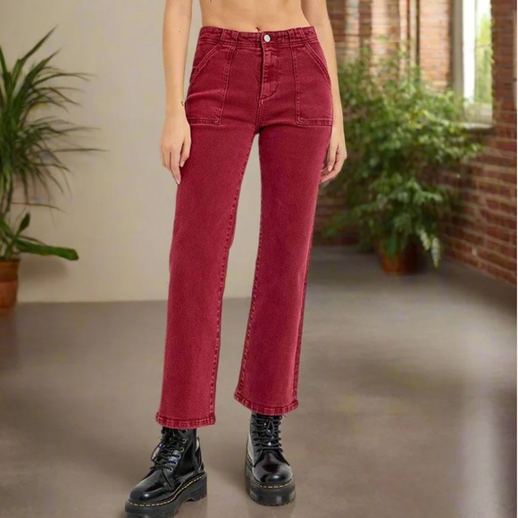 Brand New Risen High Rise Ankle Length Jeans Wine Red Fall Denim Cotton Stretch - Picture 16 of 16